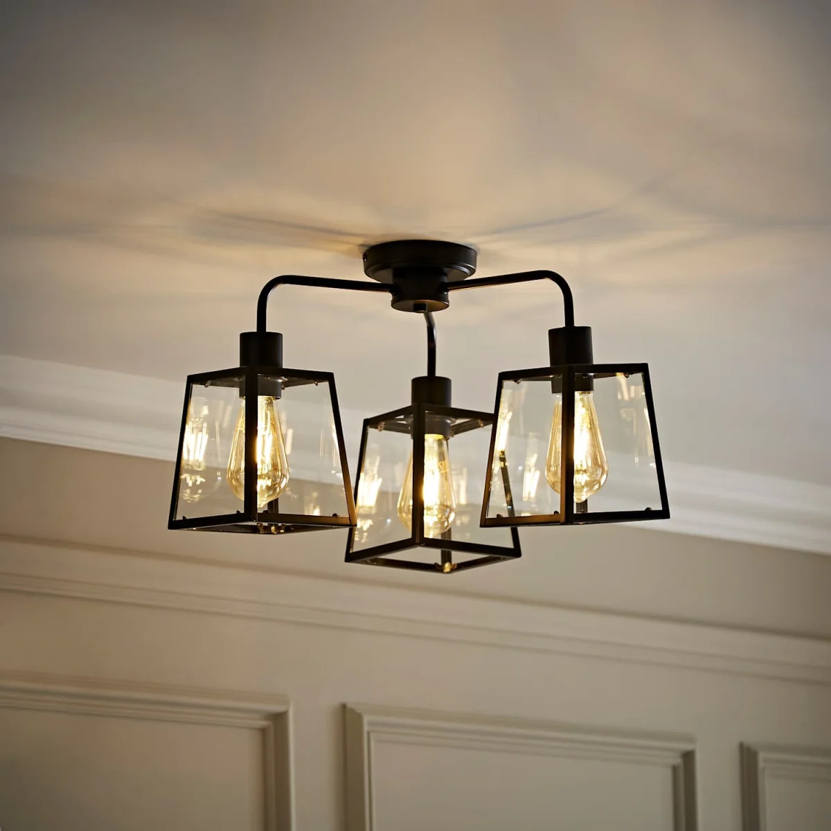 Susie 3 Arm Glass Lantern Ceiling Light - Brushed Chrome / Yes - Black – image 2