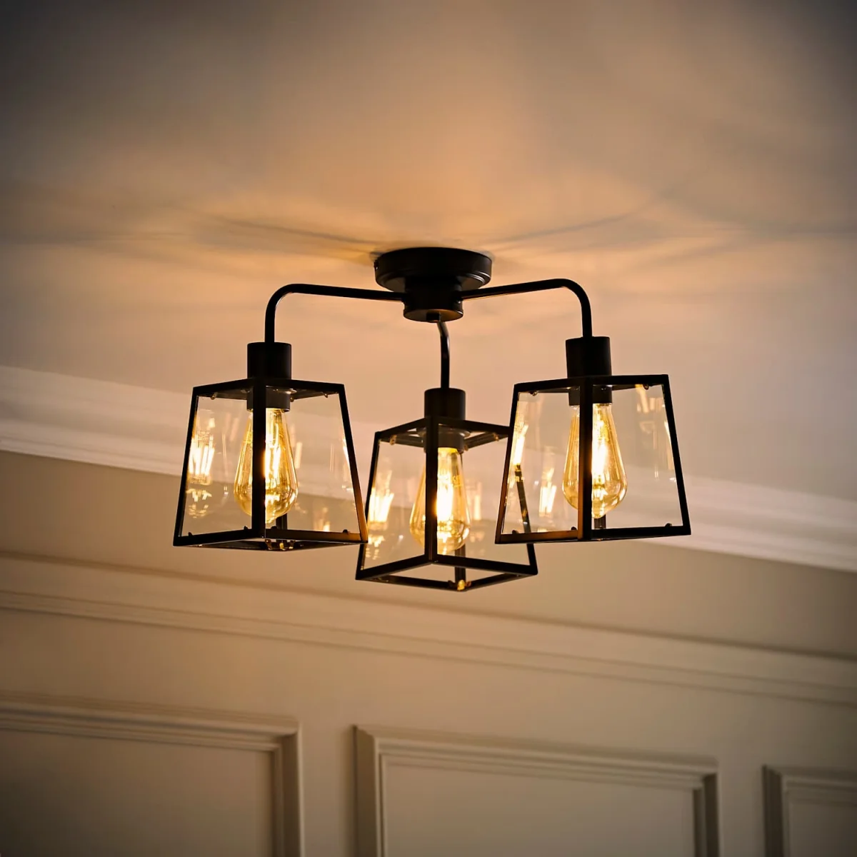 Susie 3 Arm Glass Lantern Ceiling Light - Brushed Chrome / Yes - Black – image 3