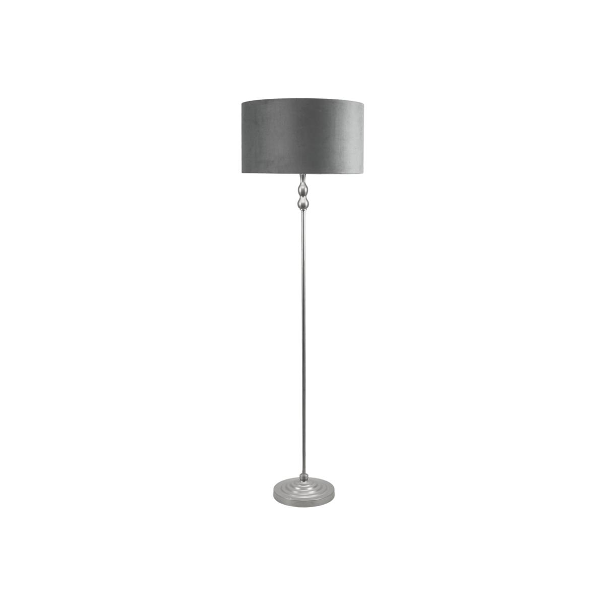 Maggie Chrome Candlestick Floor Lamp with Grey Velvet Chrome Shade Bulb - Silver