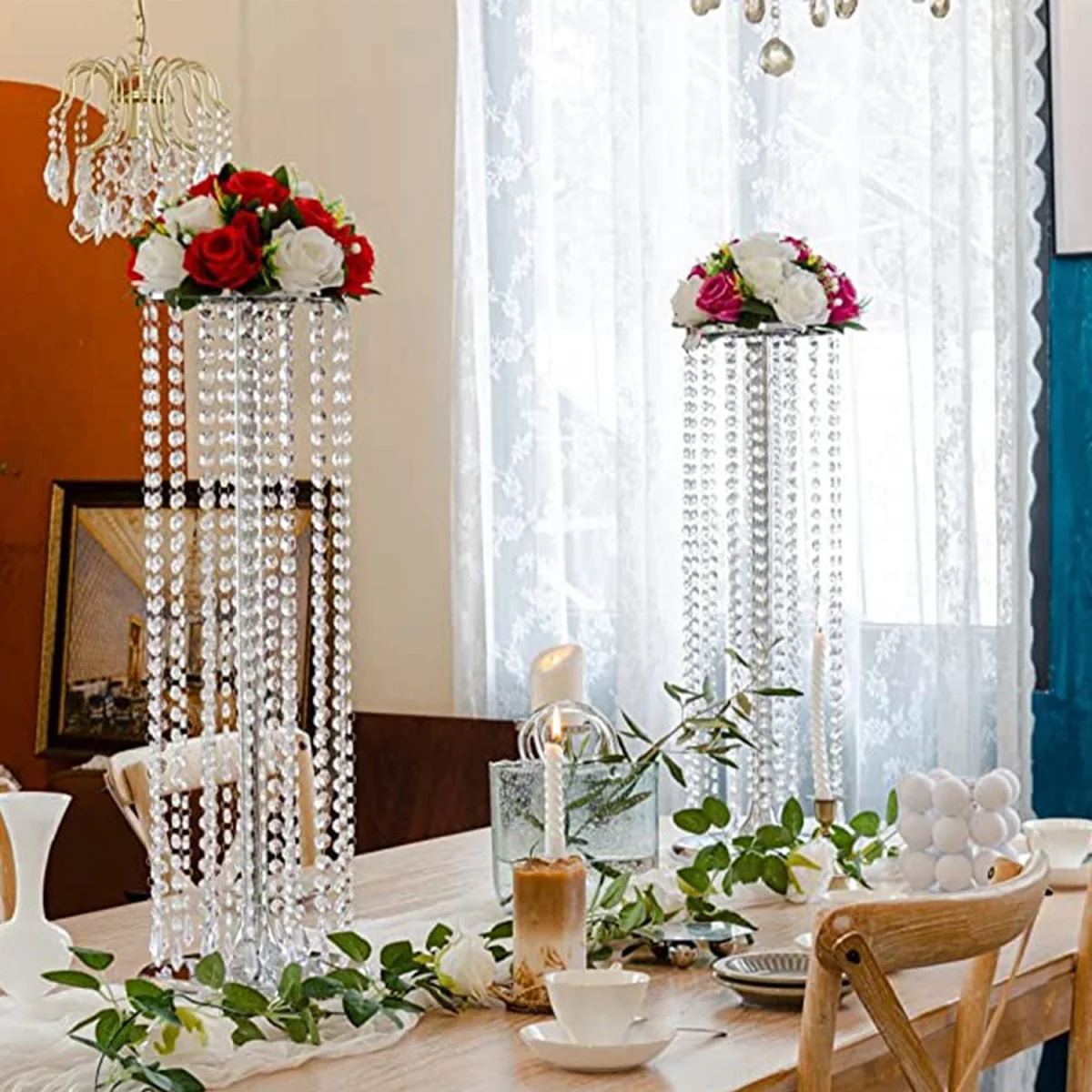 Flower Arrangement Stand Candle Holder Bead Curtains Ornament Table Decor - Silvery – image 1