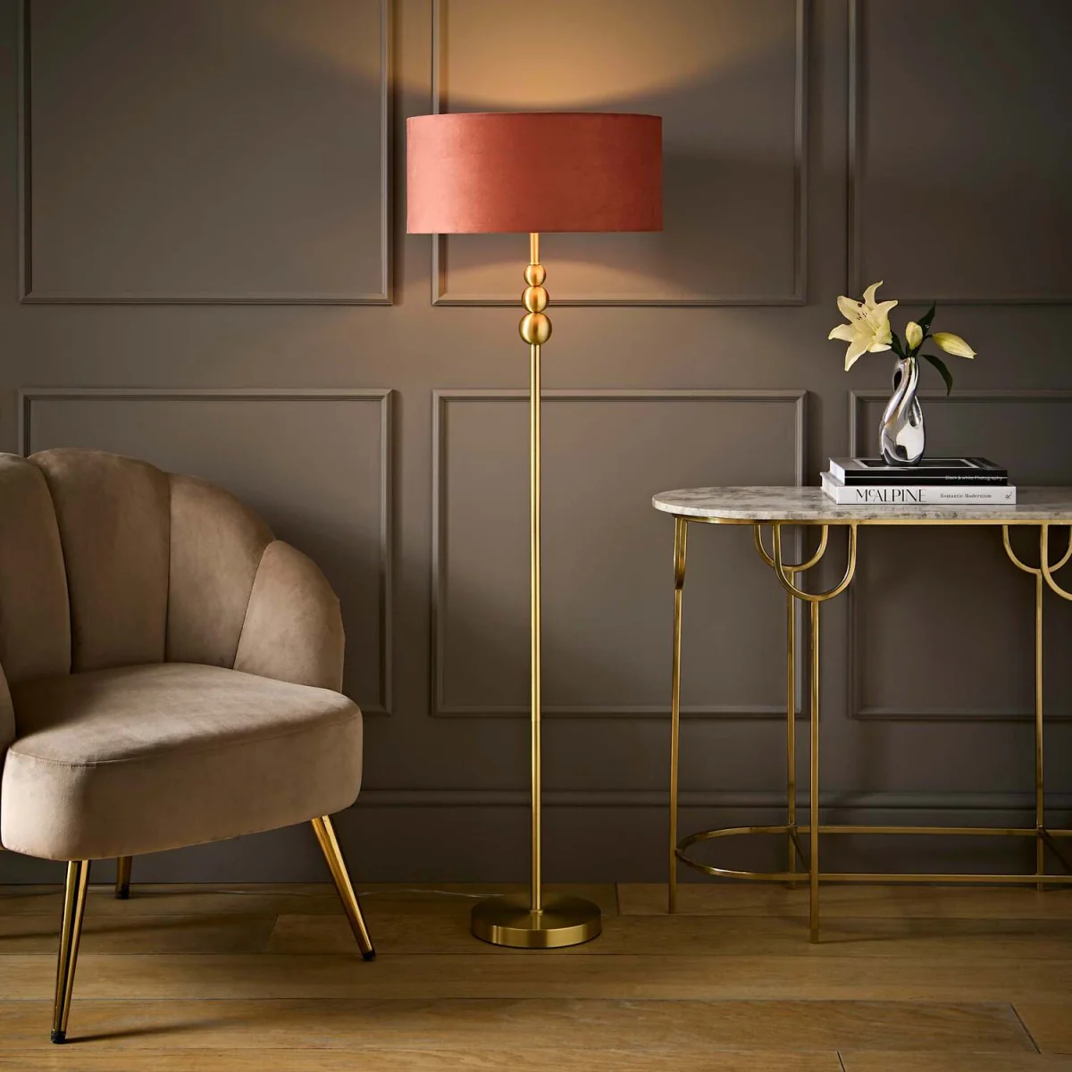 Marissa Velvet Squat Shade Brushed Gold Candlestick Floor Lamp - Pink / No - Gold – image 3