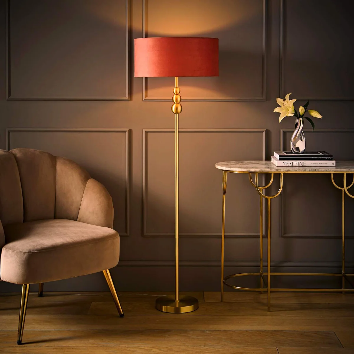 Marissa Velvet Squat Shade Brushed Gold Candlestick Floor Lamp - Pink / No - Gold – image 4