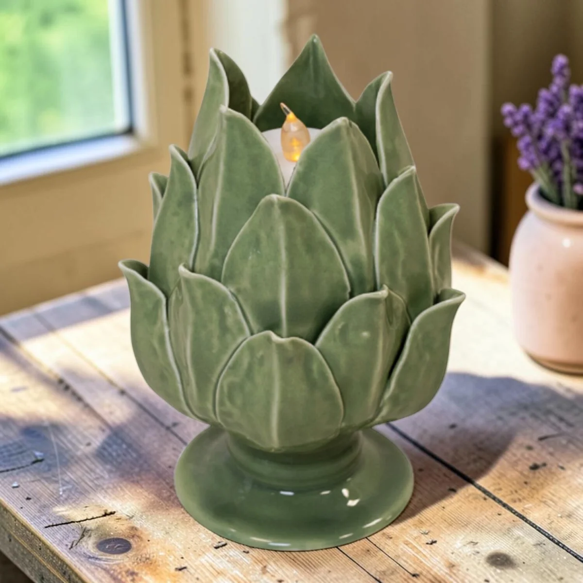 Four Candle Sage Green Ceramic Artichoke Candle Holder - Green – image 2