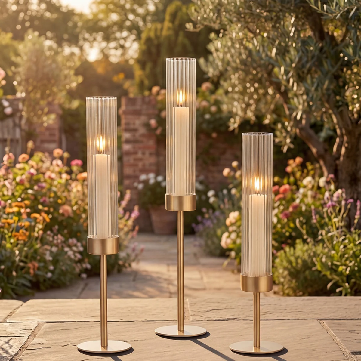 Candle Holder Gold Metal Glass Tube Candlestick Holders Set of 3 Decor - Yellow – image 5