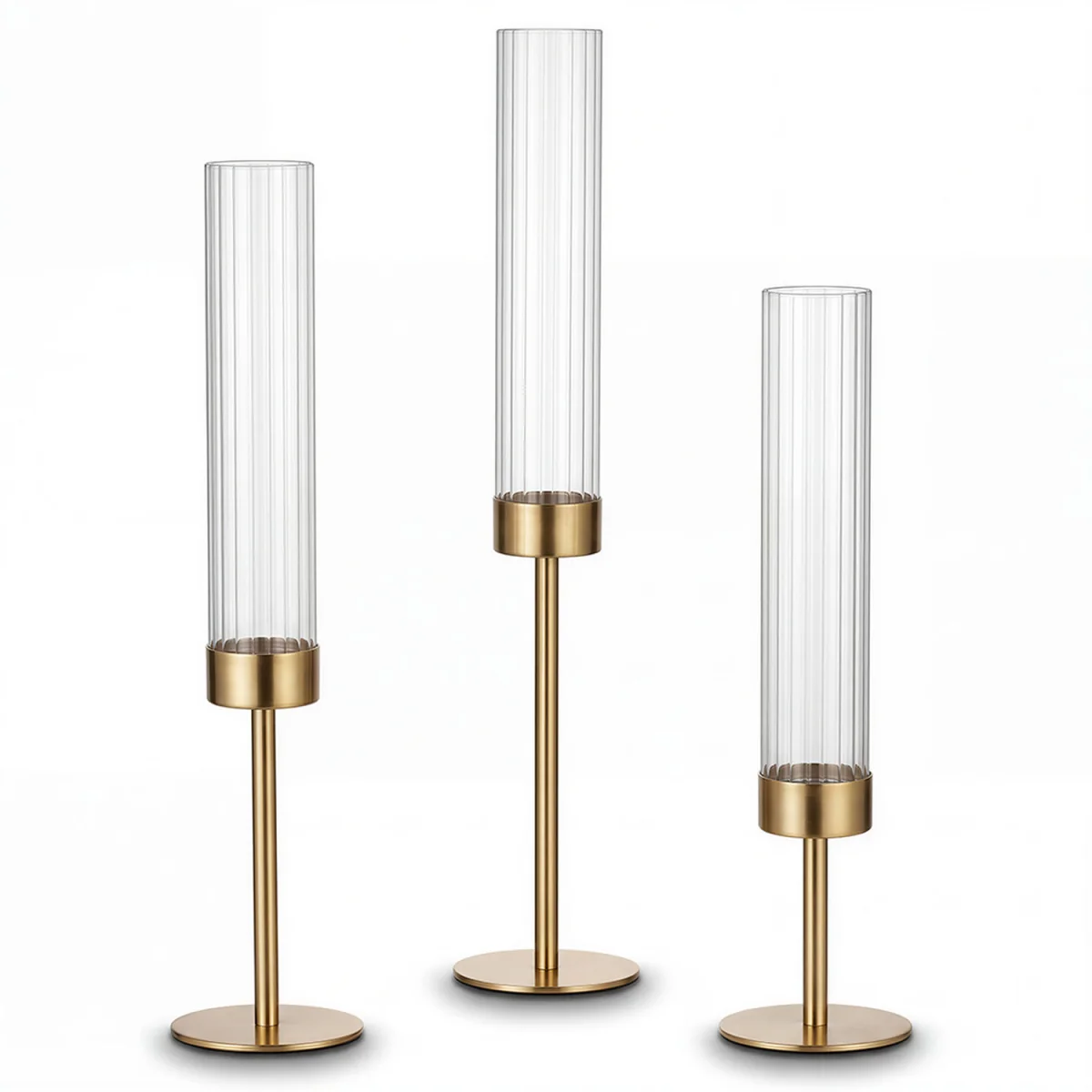 Candle Holder Gold Metal Glass Tube Candlestick Holders Set of 3 Decor - Yellow – image 6