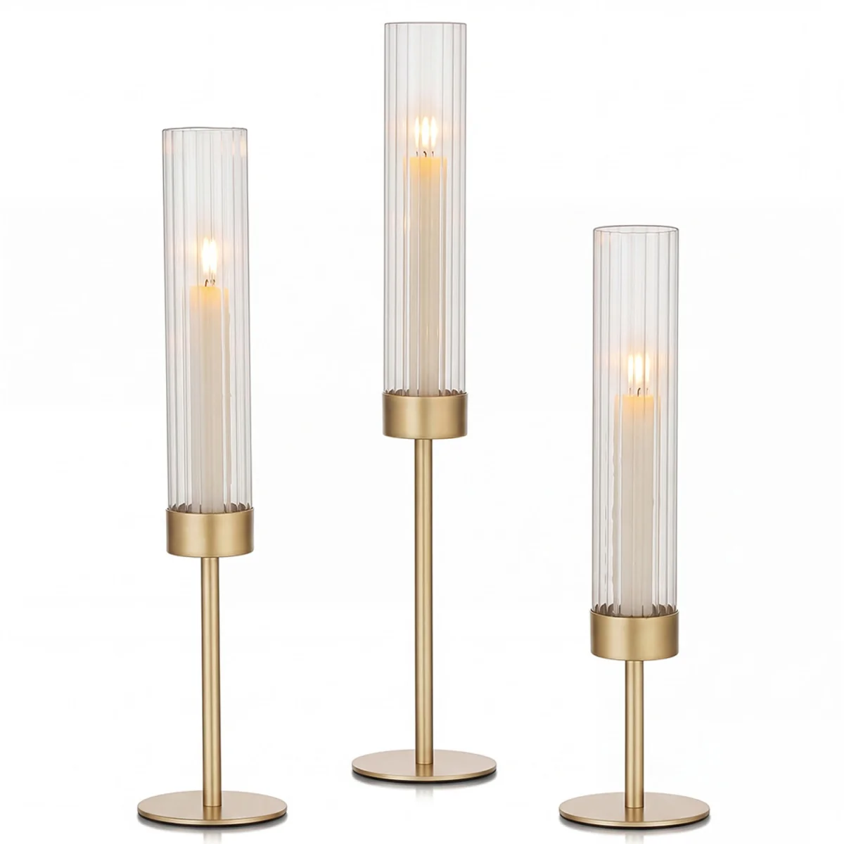 Candle Holder Gold Metal Glass Tube Candlestick Holders Set of 3 Decor - Yellow – image 7