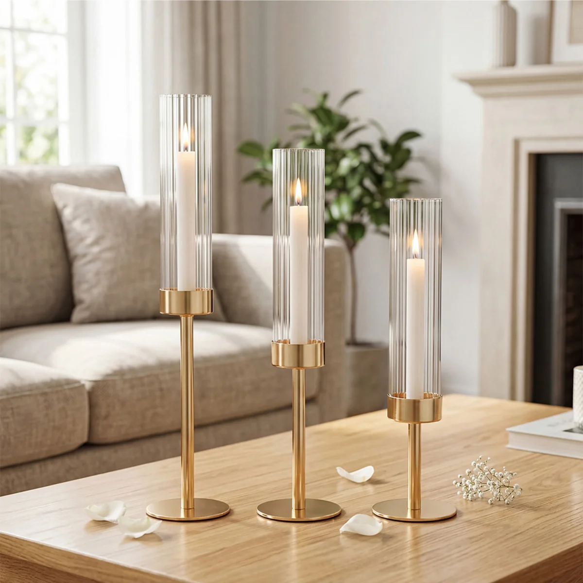 Candle Holder Gold Metal Glass Tube Candlestick Holders Set of 3 Decor - Yellow – image 1