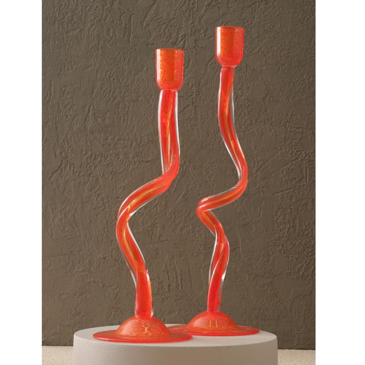 Red Hand-Blown Twisted Glass Candle Holders - Set Of Two In Fiery Coral | Anatoliacraft – image 2