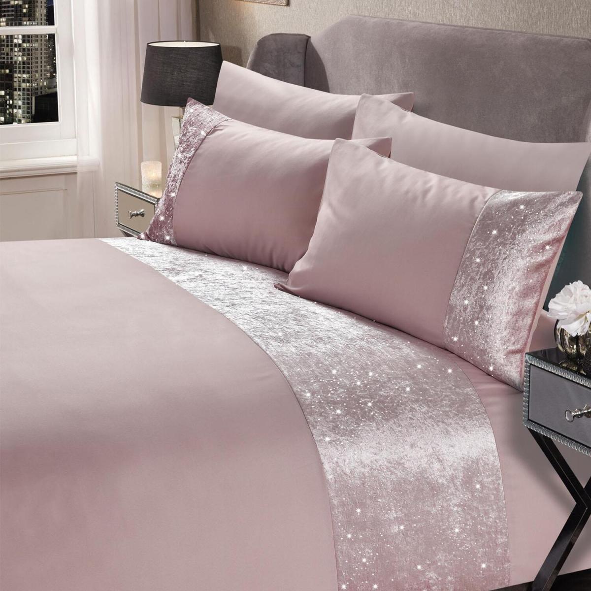 Sienna Glitter Crushed Velvet Panel Duvet Cover Pillowcase - Pink / Superking Size