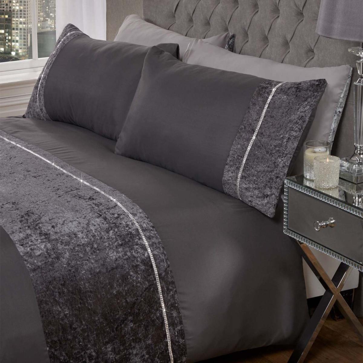 Sienna Crushed Velvet Diamante Duvet Cover Set - Grey / Superking – image 2