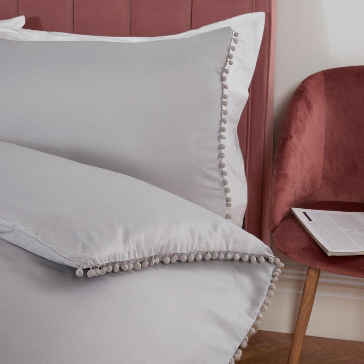 Dreamscene Pom Pom Trim Duvet Cover with Pillowcase Bedding Set - Grey / Superking – image 2