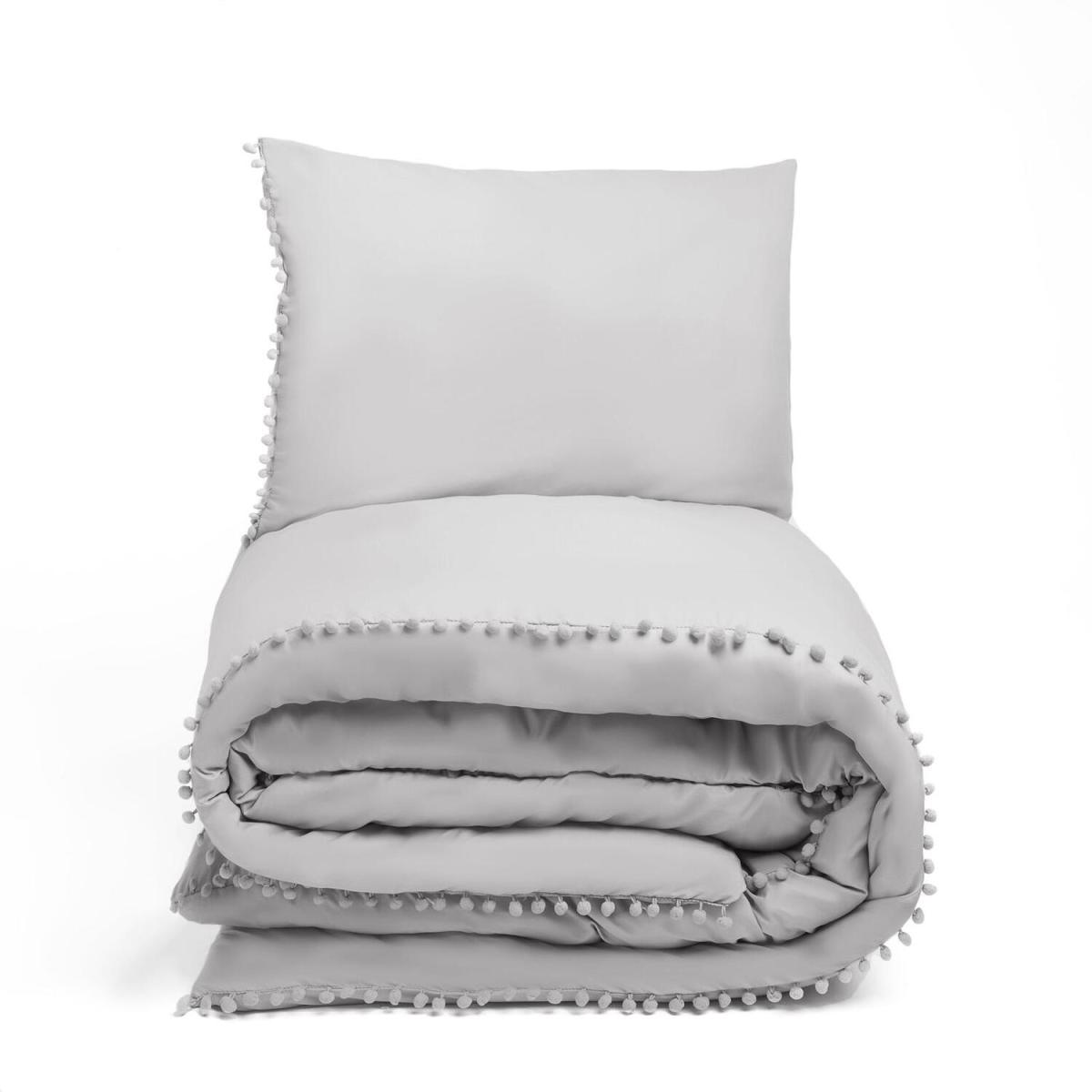 Dreamscene Pom Pom Trim Duvet Cover with Pillowcase Bedding Set - Grey / Superking – image 6