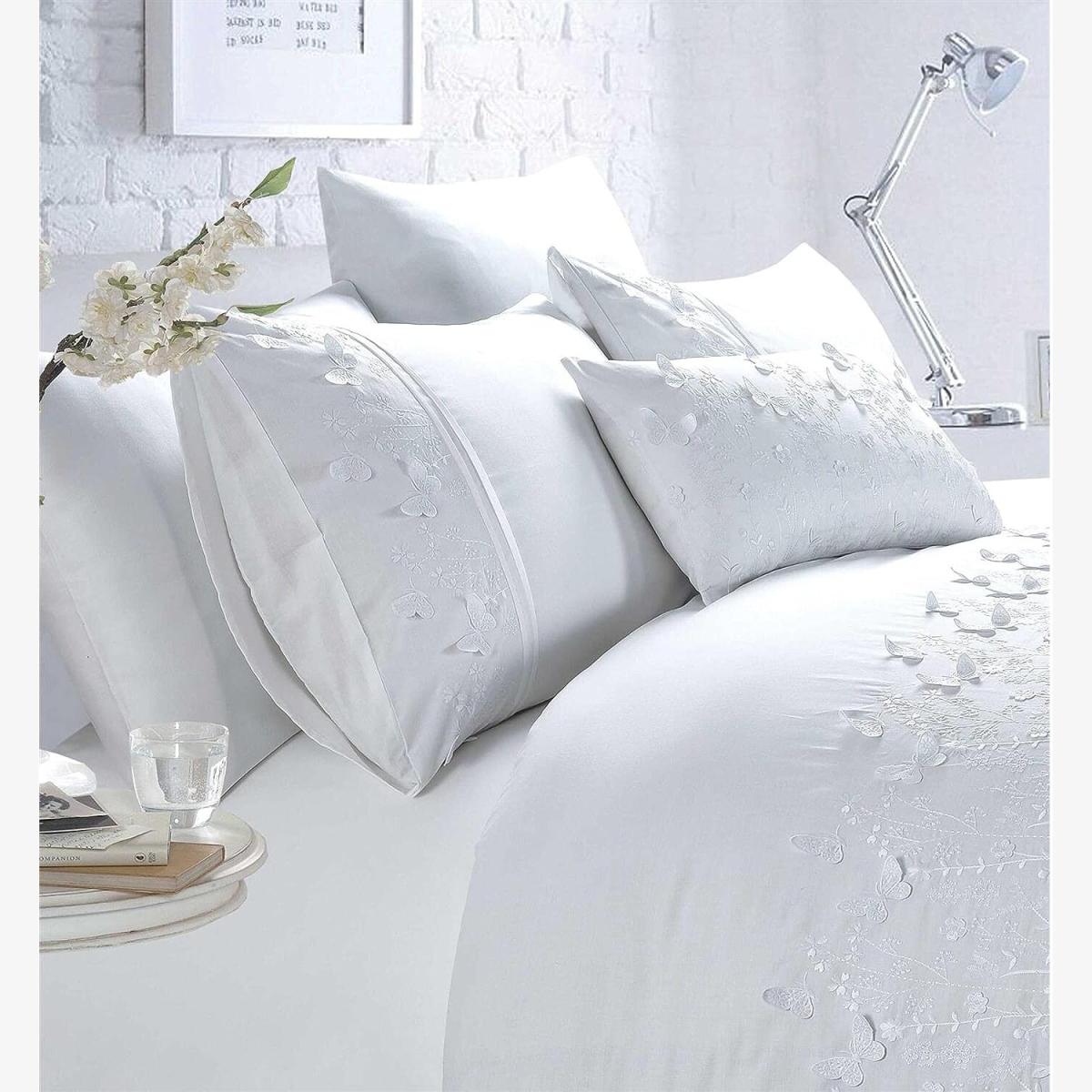 Papillon Floral Butterfly Embroidered Duvet Cover Bedding Set - White / Superking