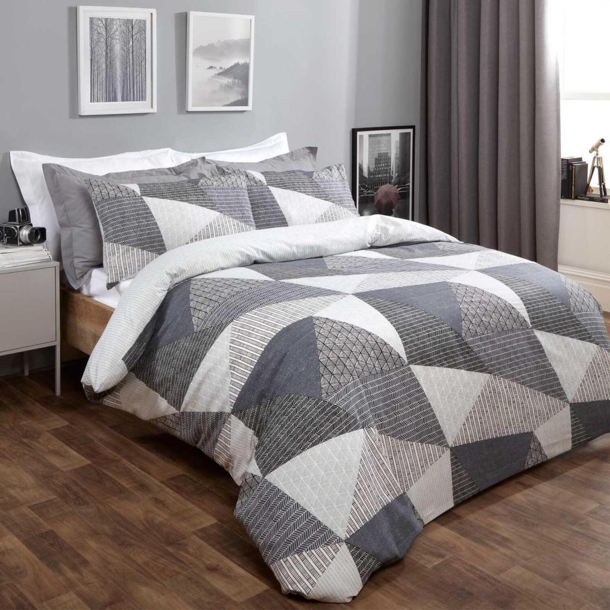 Dreamscene Textured Geometric Duvet Cover Set with Pillowcases - Grey / Superking – image 2