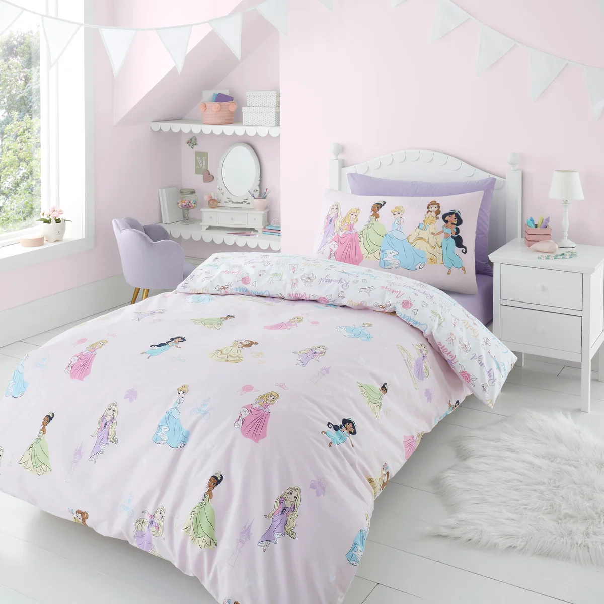 Disney Princesses Duvet Cover and Pillowcase Set Pink – image 1