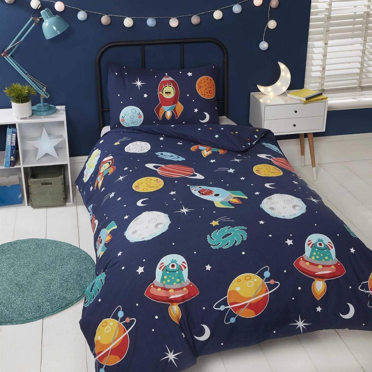 Space and Aliens Glow in the Dark Duvet Cover Set - Black / Double