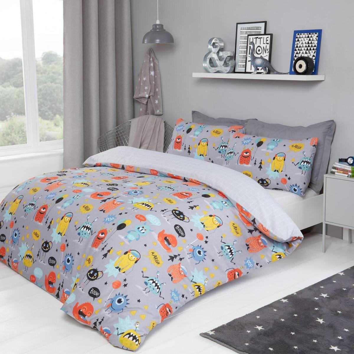 Dreamscene Monster Print Kids Duvet Cover Bedding Set - Grey / Double – image 2