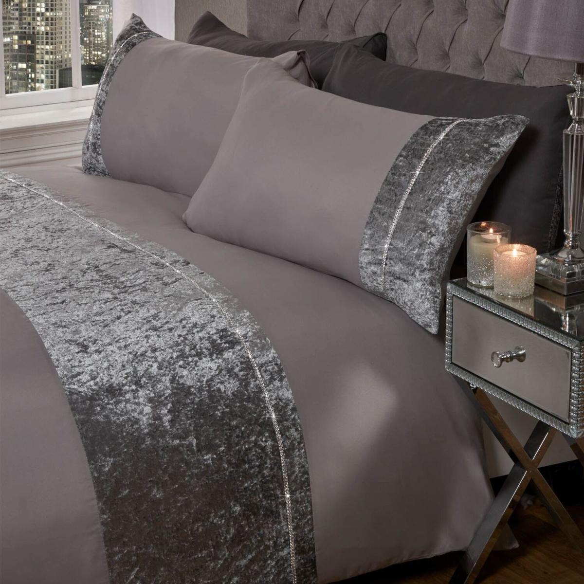 Sienna Crushed Velvet Diamante Duvet Cover Set - Silver / Double – image 2
