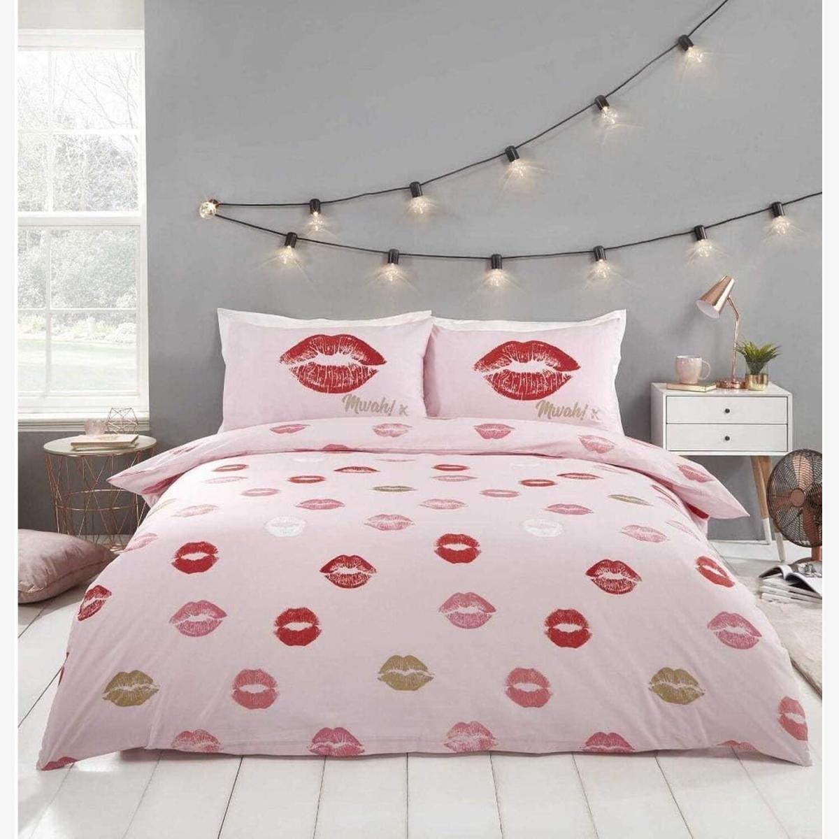 Lippy Foiled Reversible Duvet Cover Bedding Sets - Pink / Double