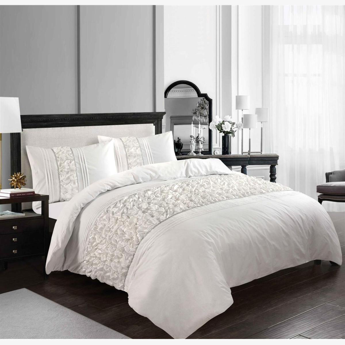 Aurora Crinkle Panel Duvet Cover Set White Bedding - White / Double