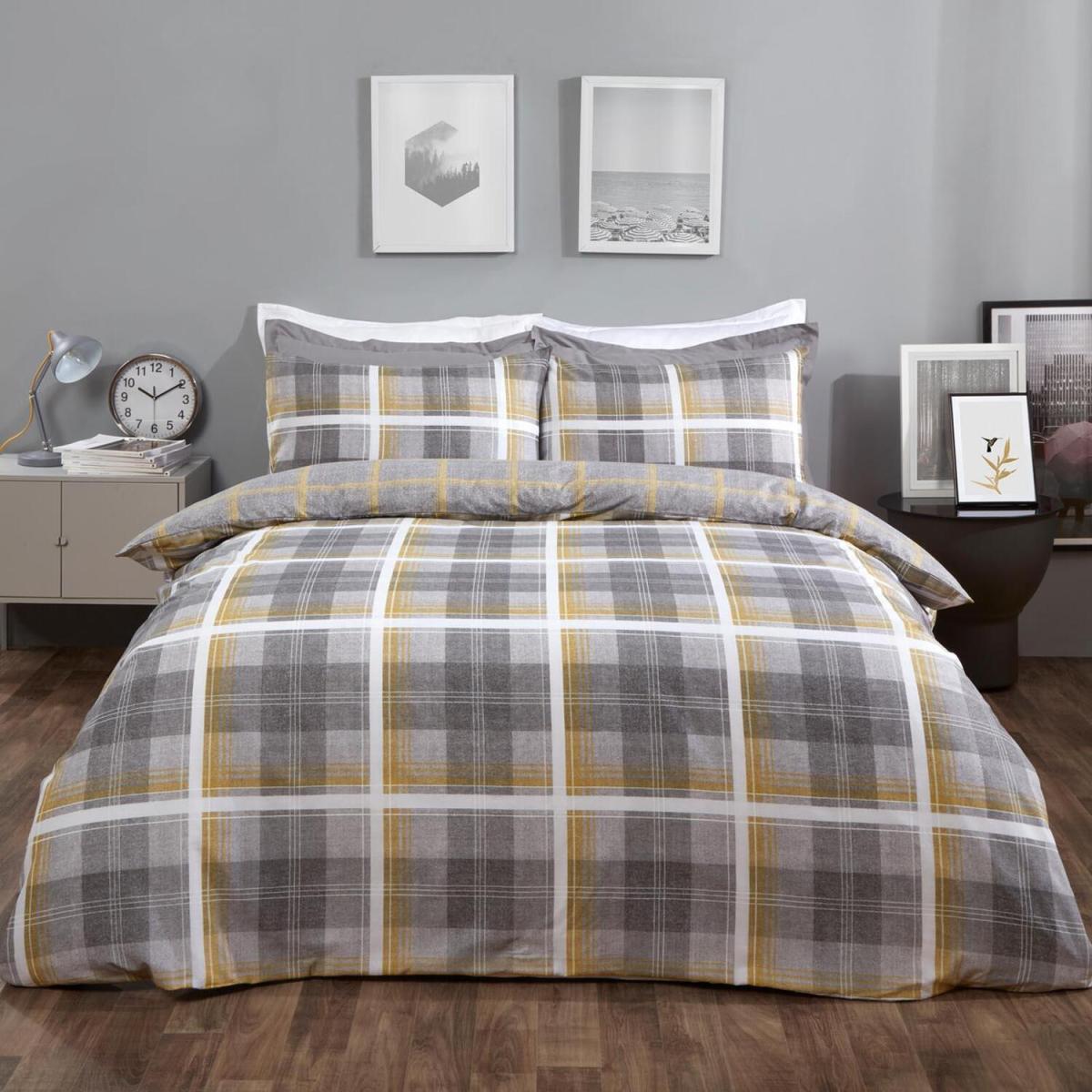 Dreamscene Denim Check Duvet Cover Bedding Set - Yellow / Double – image 4