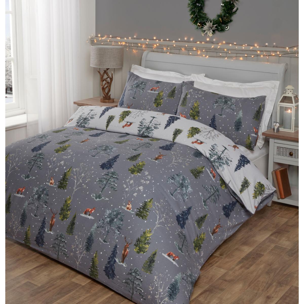 Snowy Forest Duvet Cover and Pillowcase Set - Grey / Double – image 3