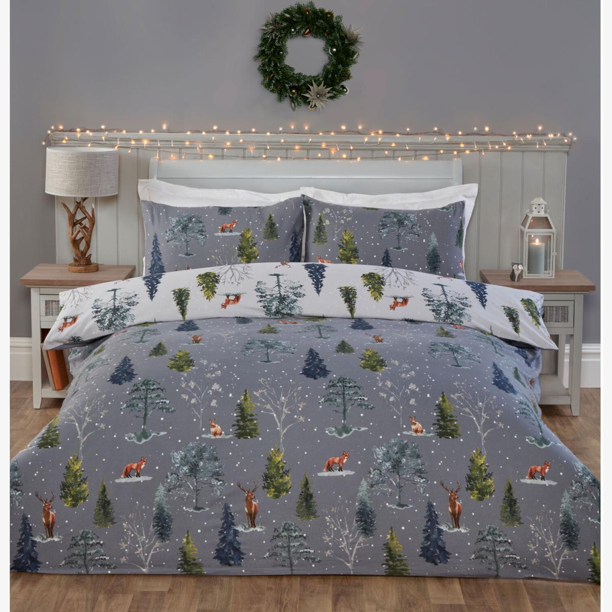 Snowy Forest Duvet Cover and Pillowcase Set - Grey / Double – image 1