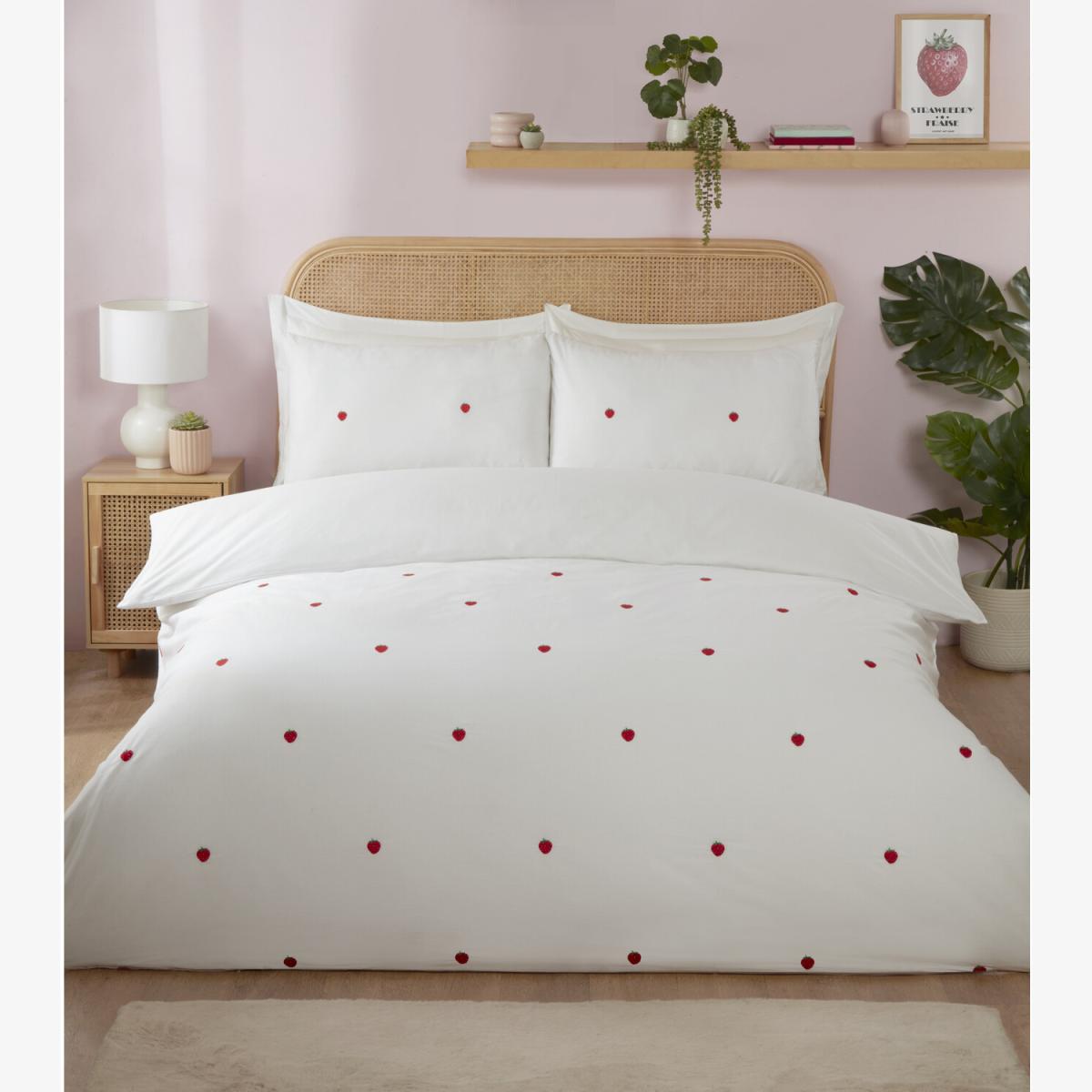 Strawberry Embroidered Duvet Cover and Pillowcase Set - White / Double