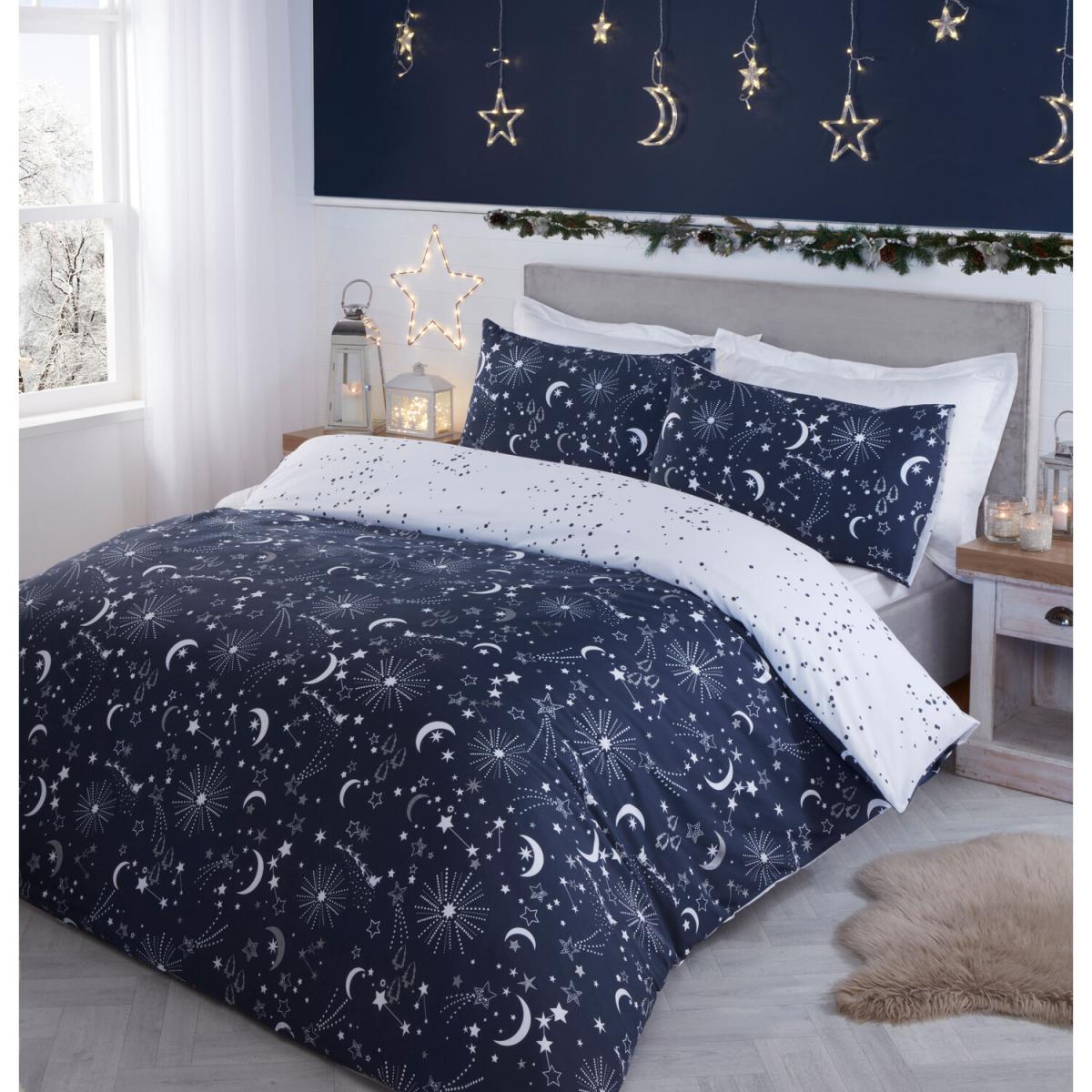 Christmas Night Sky Duvet Cover and Pillowcase Set - Navy / Double – image 3