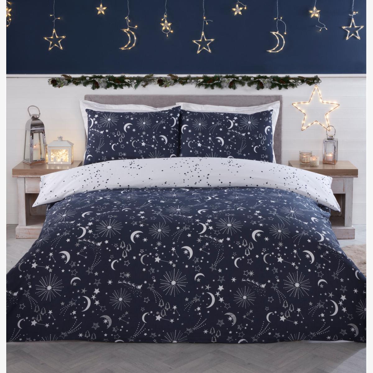 Christmas Night Sky Duvet Cover and Pillowcase Set - Navy / Double – image 1