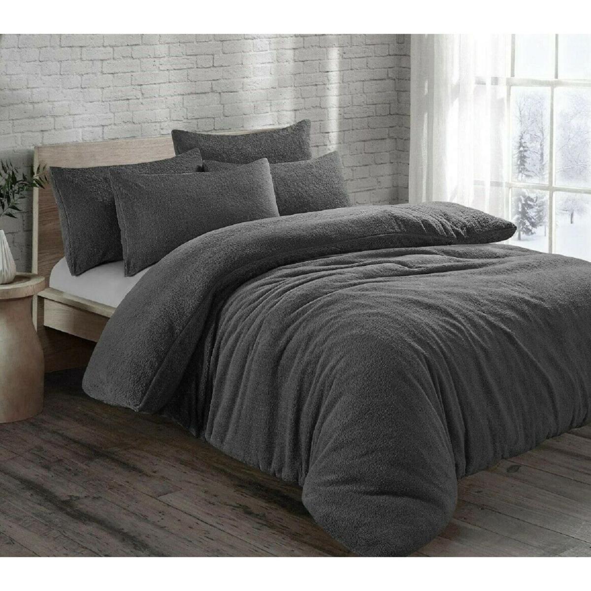Teddy Fleece Duvet Set Double - Charcoal