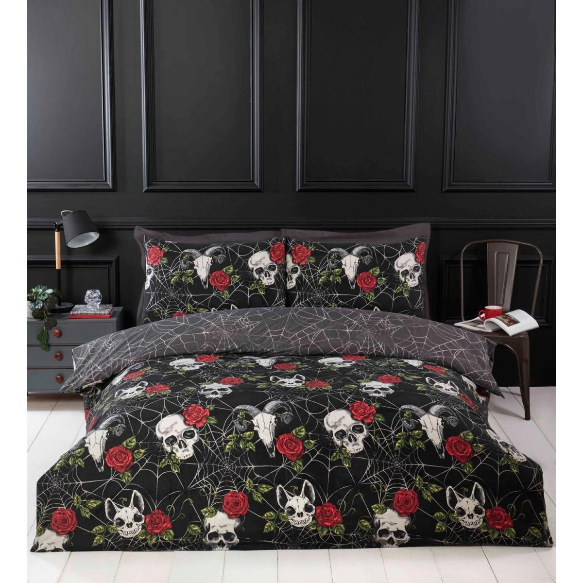 Skull and Roses Duvet Cover Set - Black / Double