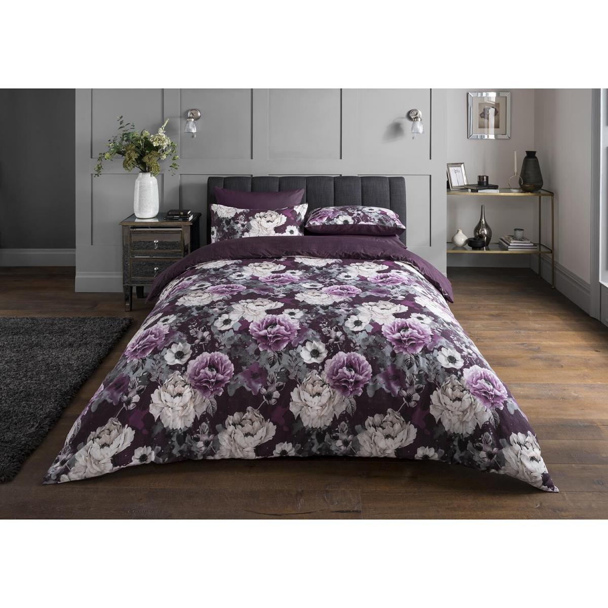 Inky Floral Purple Printed Duvet Cover and Pillowcase Set - King – image 2