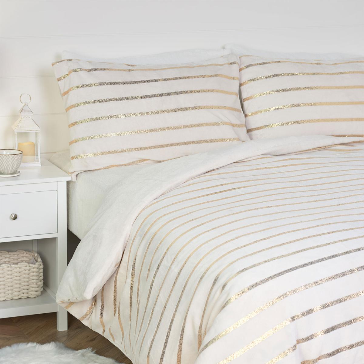 Sparkle Stripe Fleece Duvet and Pillowcase Set - Silver / King size – image 4