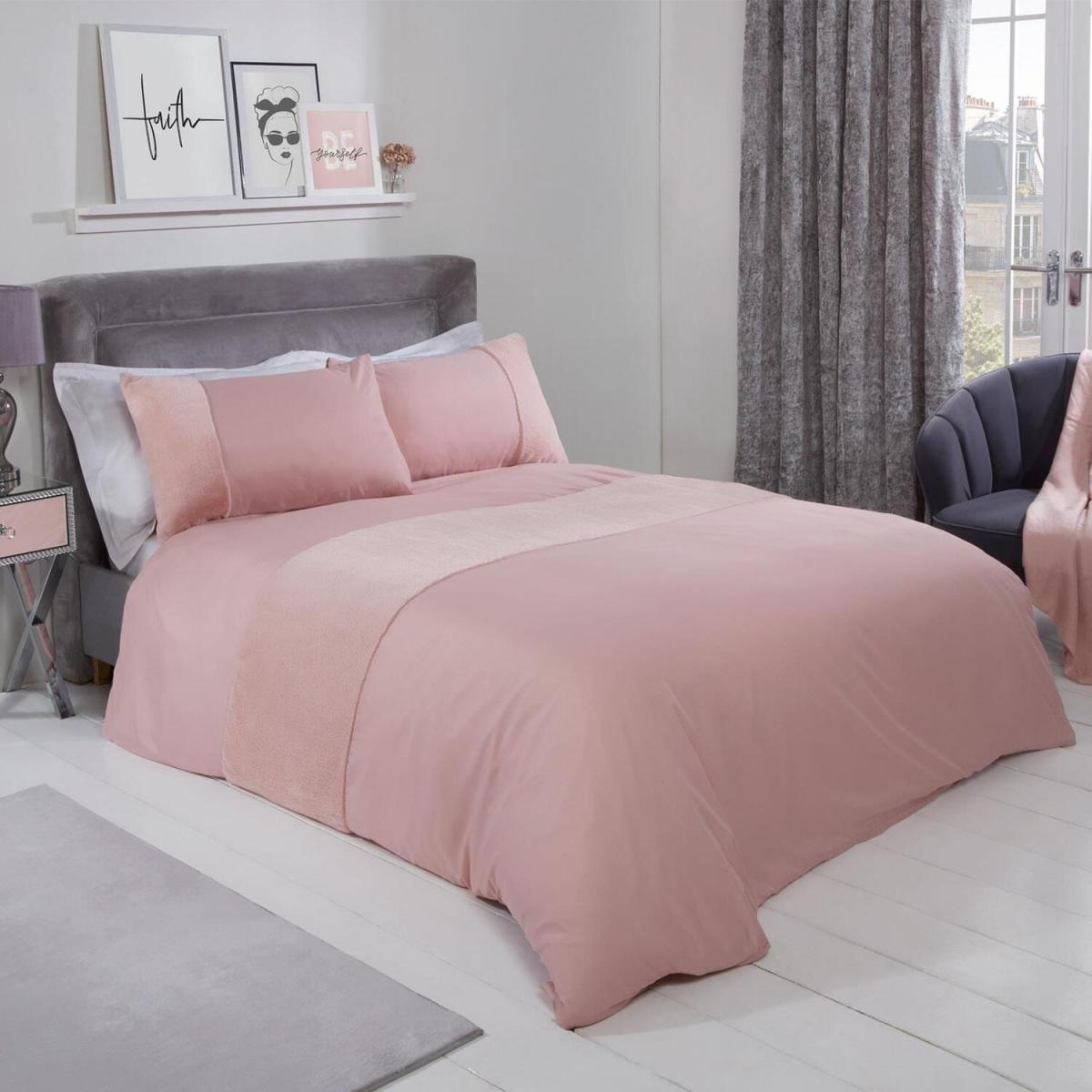Sienna Faux Fur Panel Band Duvet Cover Bedding Set - Pink / King – image 2