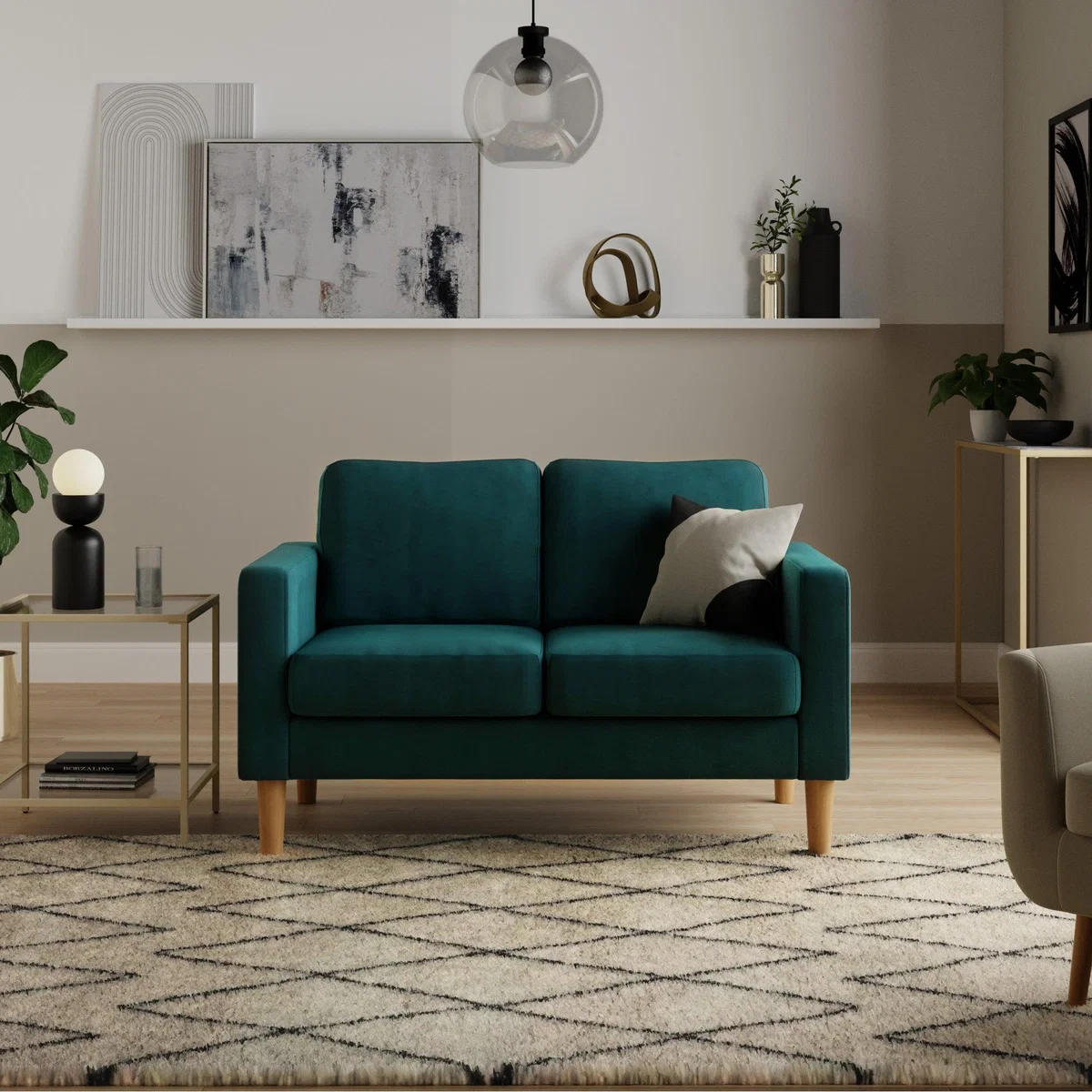 Jacob Velvet Small 2 Seater Sofa Peacock – image 1