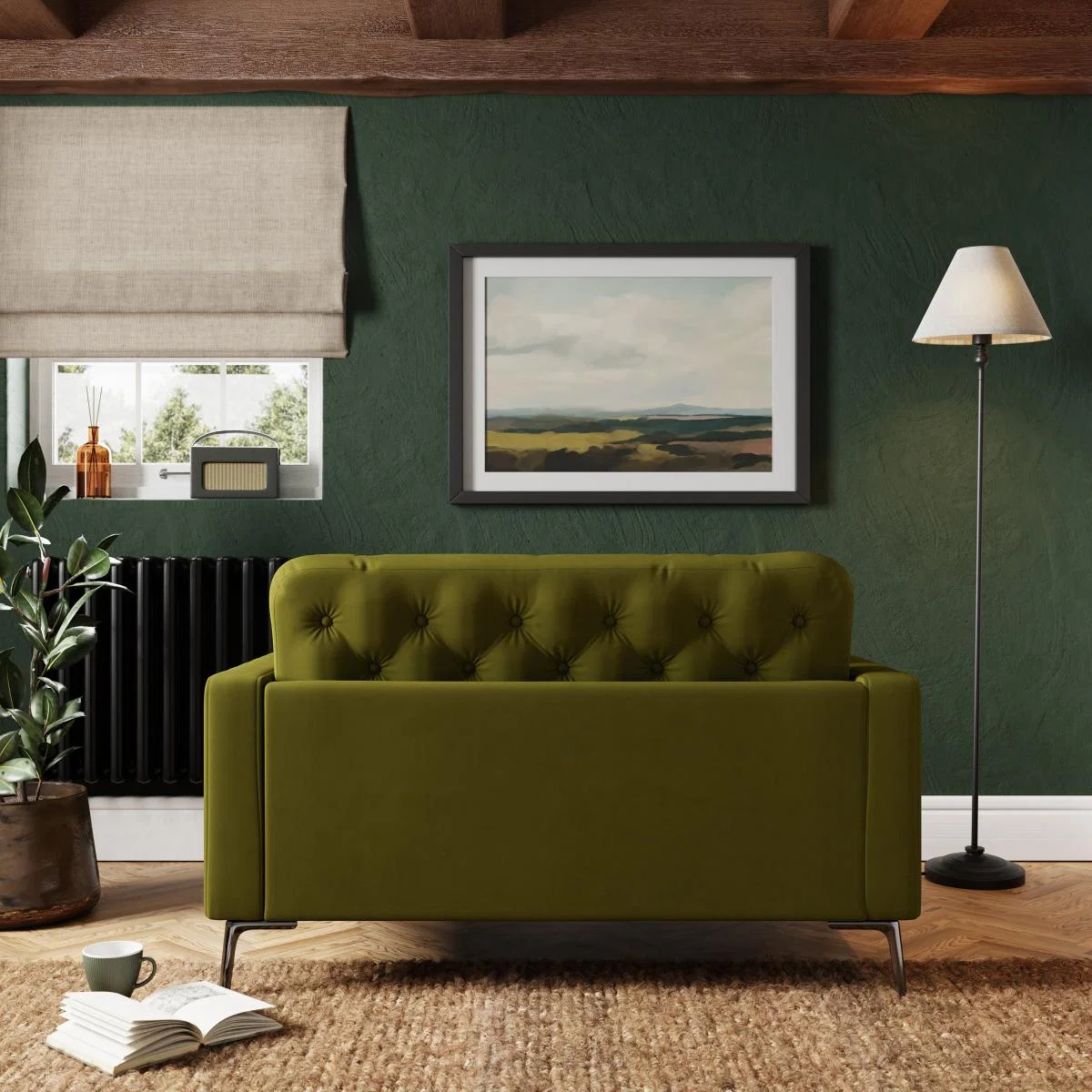 Jacob Velvet Buttoned Compact 2 Seater Sofa Olive – image 7