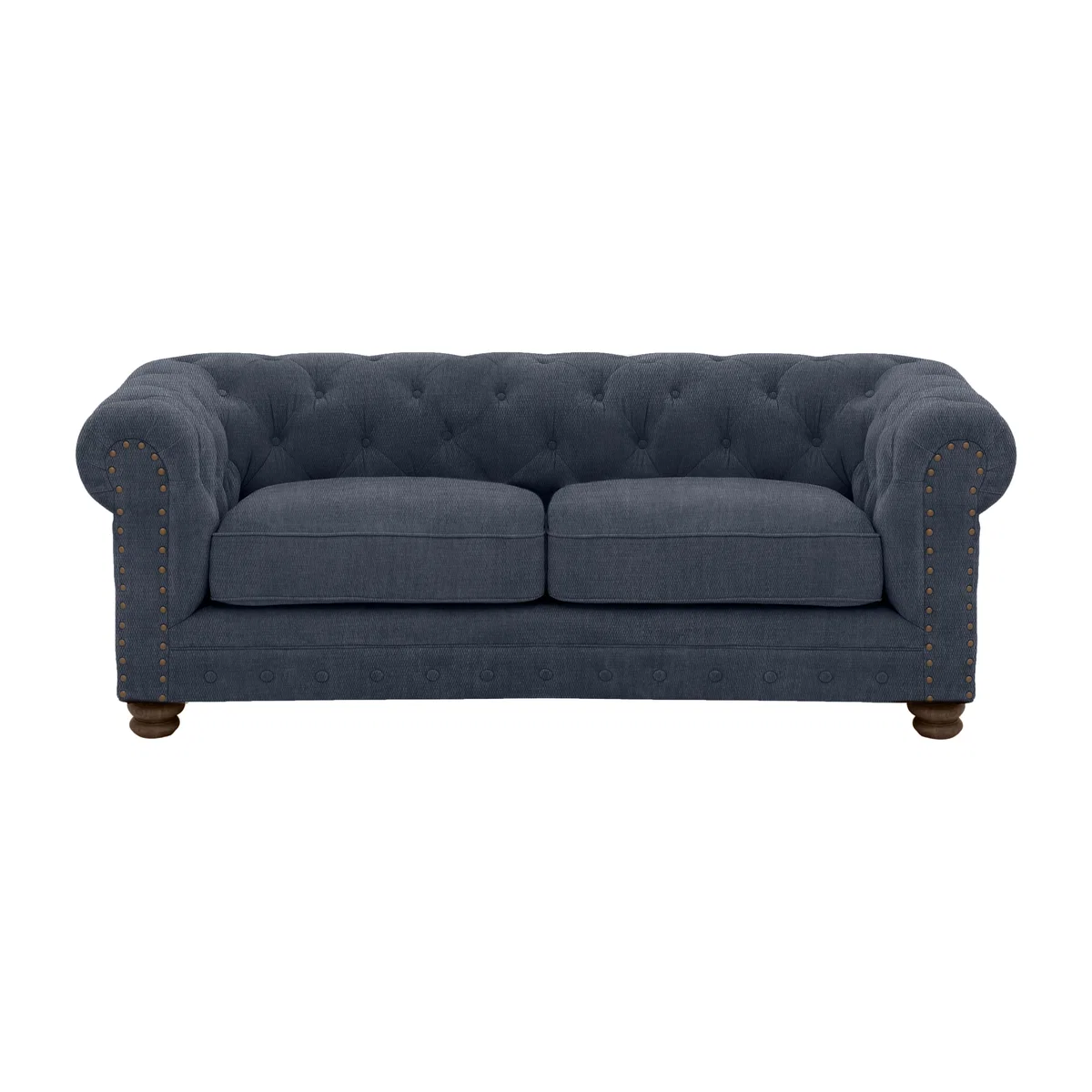 Alexander and James - Chesterfield Collection Hugo 2 Seater Fabric Sofa - Linen Denim with Studs - Dark Feet
