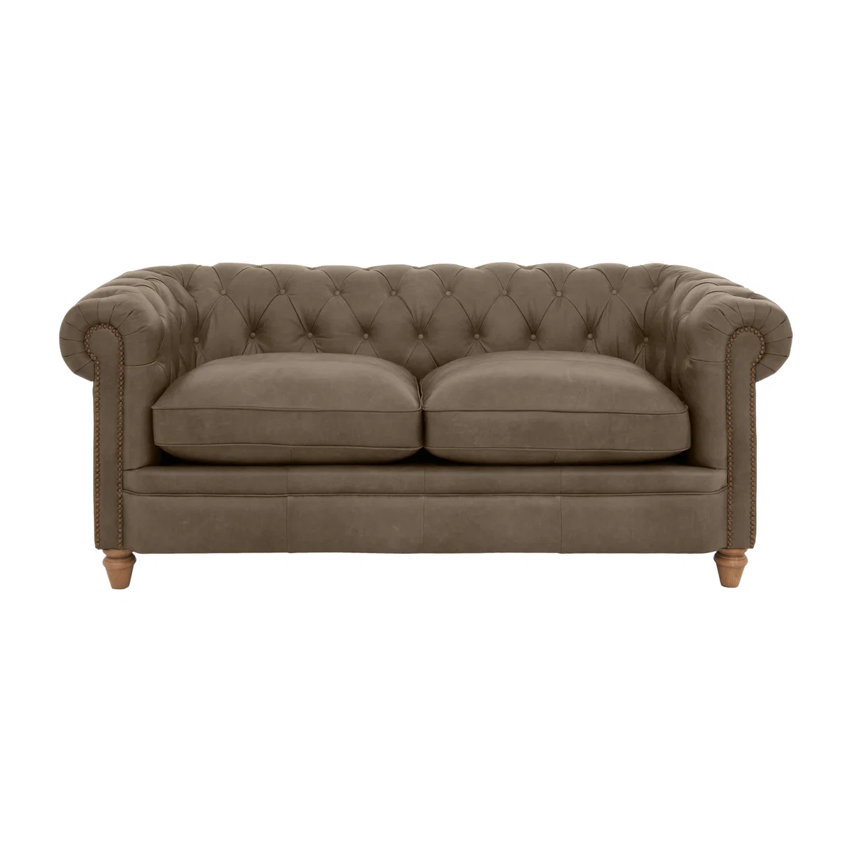 Alexander and James - Chesterfield Collection Ralph 2 Seater Leather Sofa - Taupe with Studs - Oak Feet