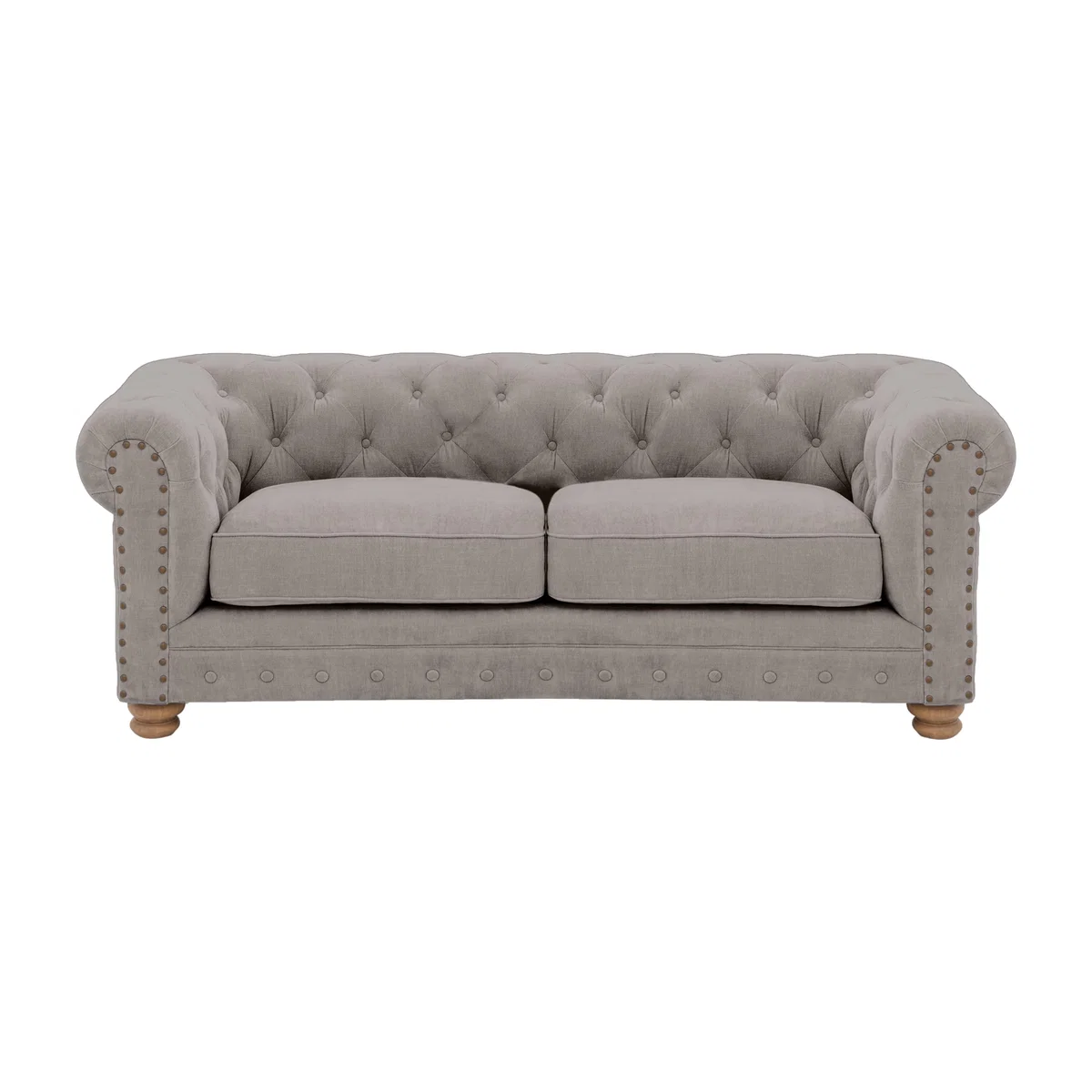 Alexander and James - Chesterfield Collection Hugo 2 Seater Fabric Sofa - Chamonix Silver with Studs - Oak Feet