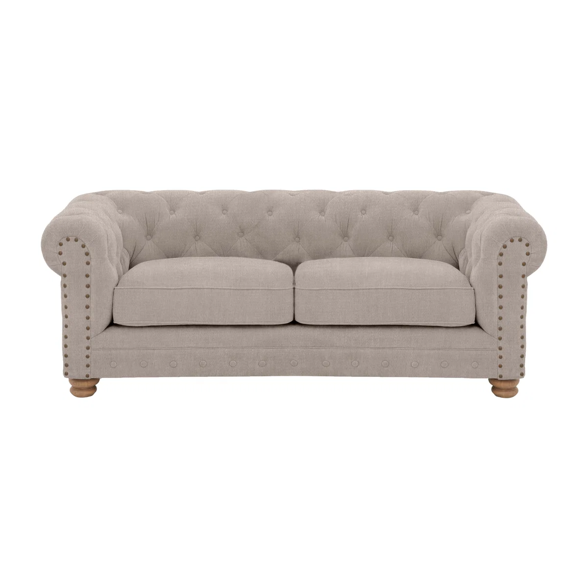 Alexander and James - Chesterfield Collection Hugo 2 Seater Fabric Sofa - Linen Sand with Studs - Oak Feet