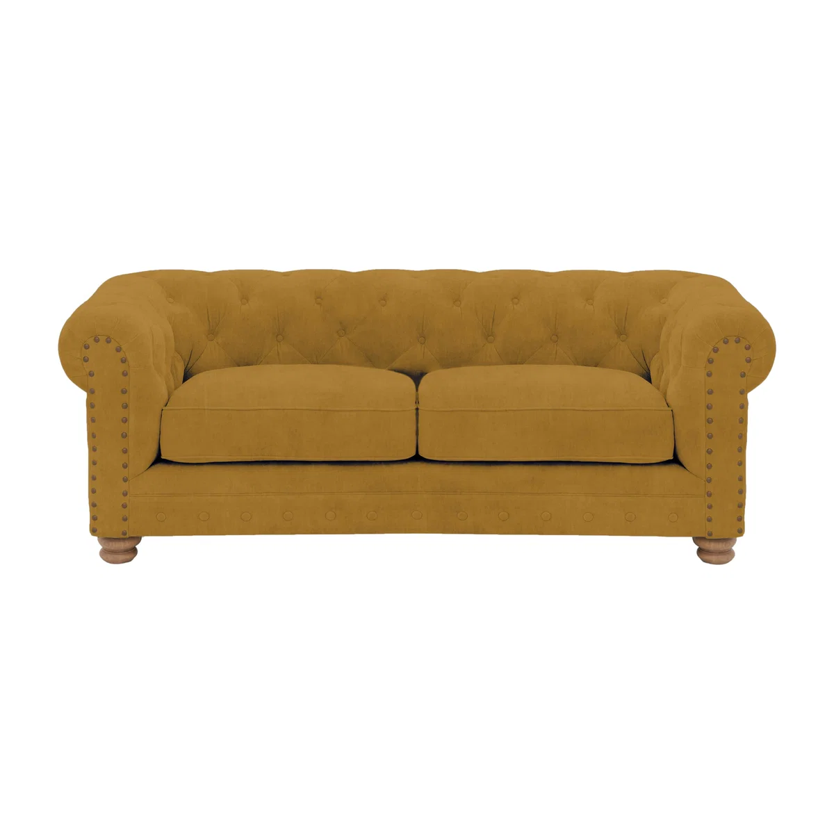 Alexander and James - Chesterfield Collection Hugo 2 Seater Fabric Sofa - Turmeric with Studs - Oak Feet