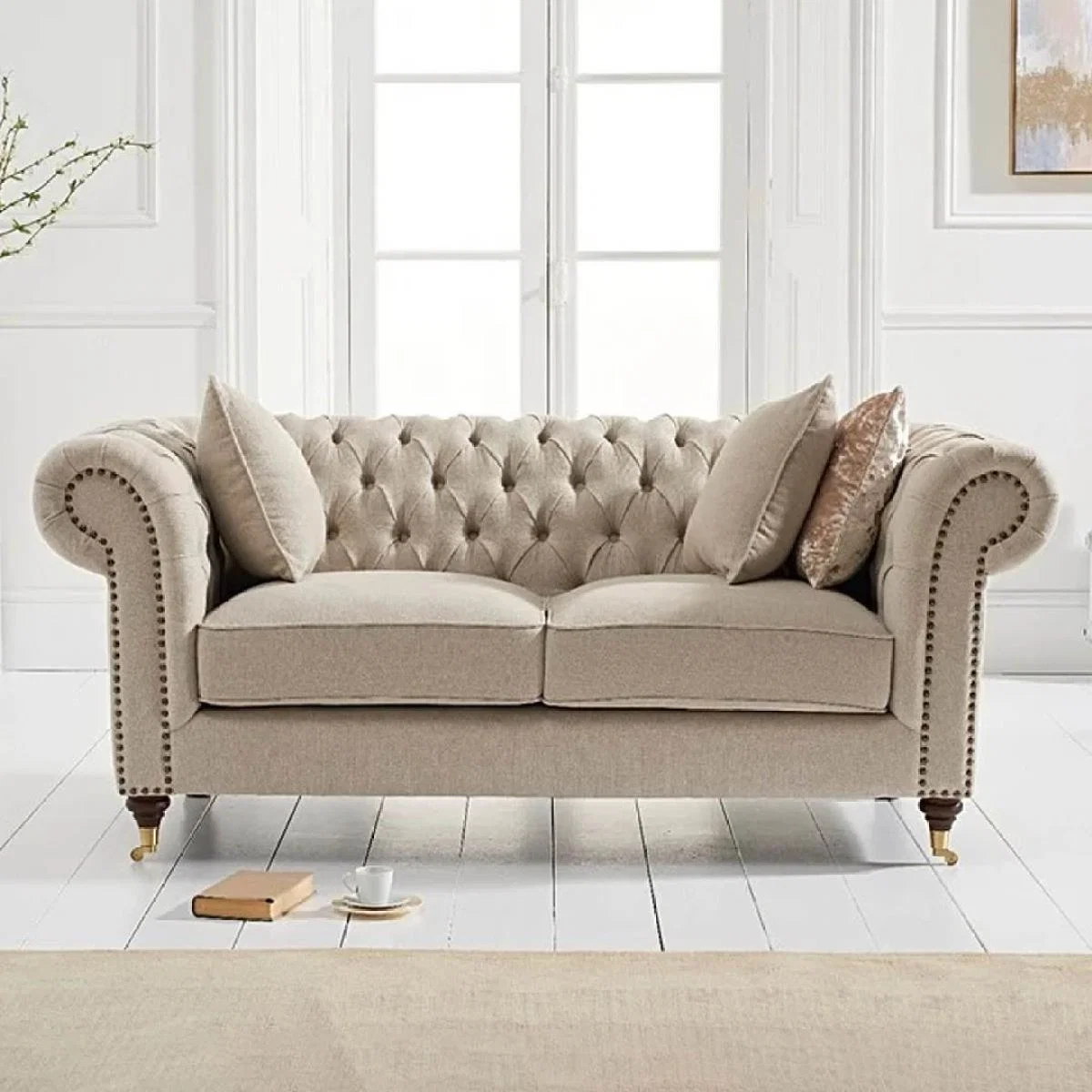 Carrara Chesterfield Cream Linen 2 Seater Sofa – image 1