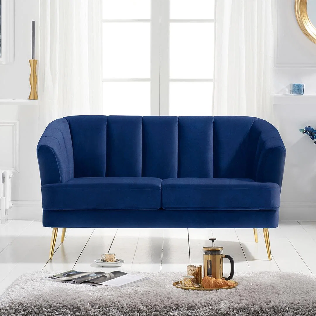 Lulu 2 Seater Sofa in Blue Velvet with Gold Legs