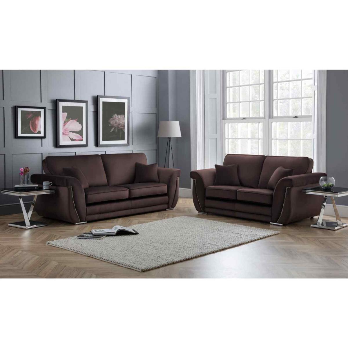 Luxe 3  2 Full Back Sofa Set in Velour Velvet Fabric with Beading - Brown – image 2