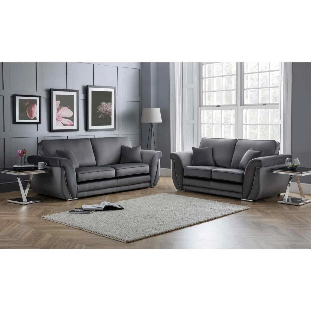 Luca 3 and 2 Seater Full Back Sofa Set Velvet with Beading - Grey – image 2