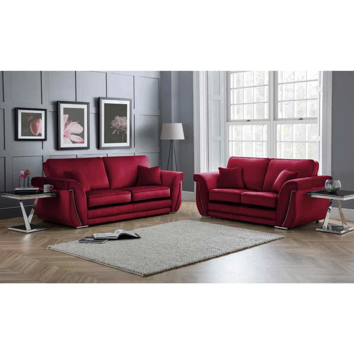 Luca 3 and 2 Seater Full Back Sofa Set Velvet with Beading - Grey – image 11