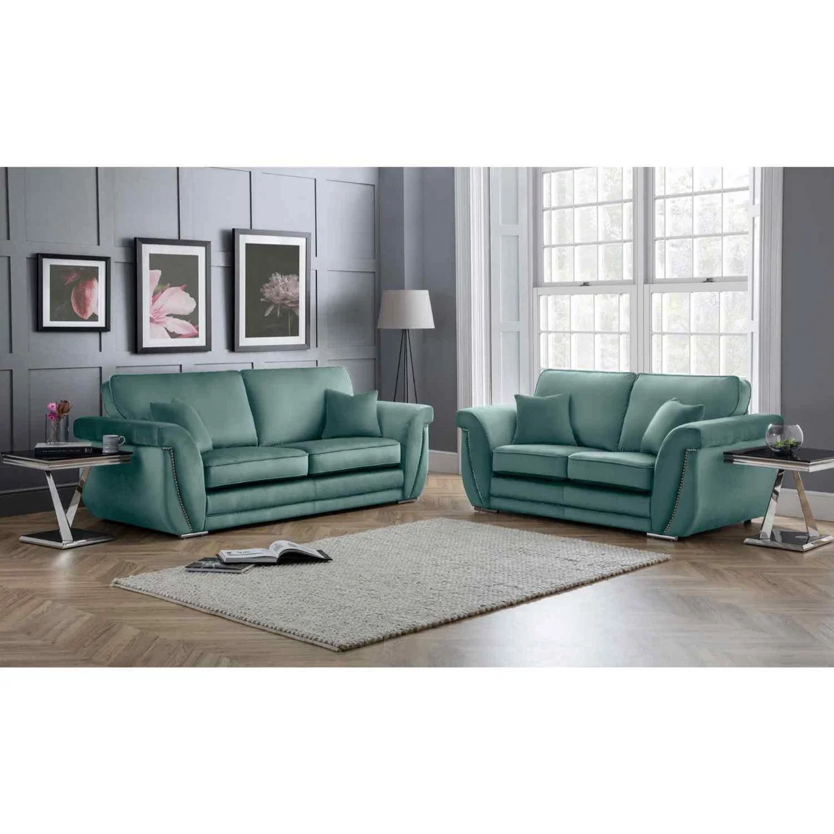 Luca 3 and 2 Seater Full Back Sofa Set Velvet with Beading - Grey – image 12