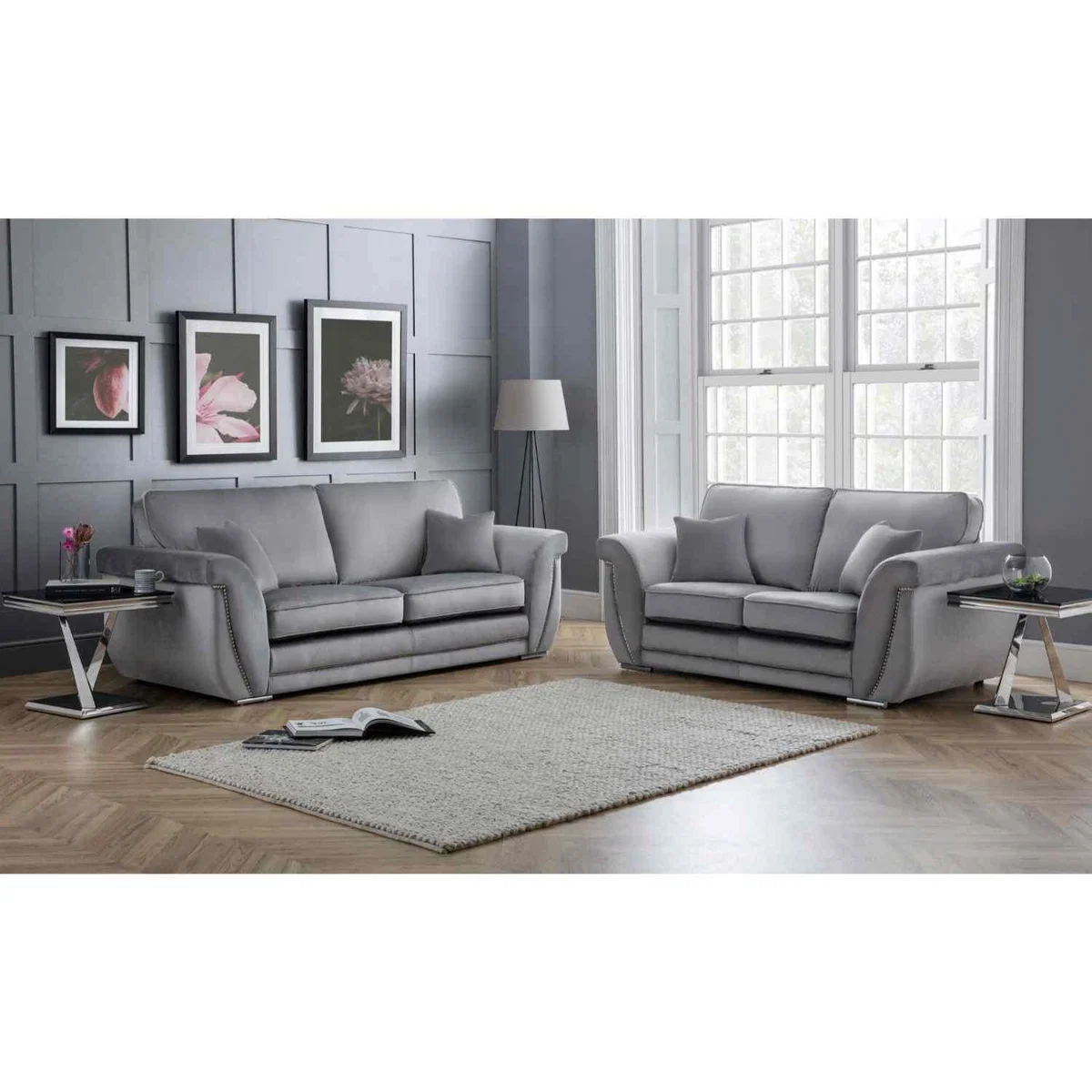 Luca 3 and 2 Seater Full Back Sofa Set Velvet with Beading - Grey – image 13