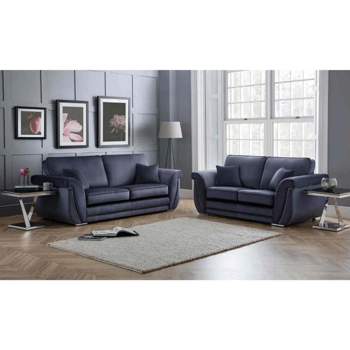 Luca 3 and 2 Seater Full Back Sofa Set Velvet with Beading - Grey – image 14
